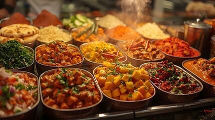 Diverse Array of Indian Cuisine Dishes in a Buffet Setting Ideal for Showcasing Traditional Flavors and Culinary Heritage, Perfect for Food Events and Restaurants