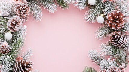 Winter holiday wreath featuring snow covered spruce pine fir mistletoe pine cones and cedar on a pink background