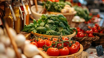 Fresh Produce Display Featuring Vine-Ripened Tomatoes and Basil at a Local Farmers Market - Perfect for Promoting Healthy Eating and Farm-to-Table Initiatives