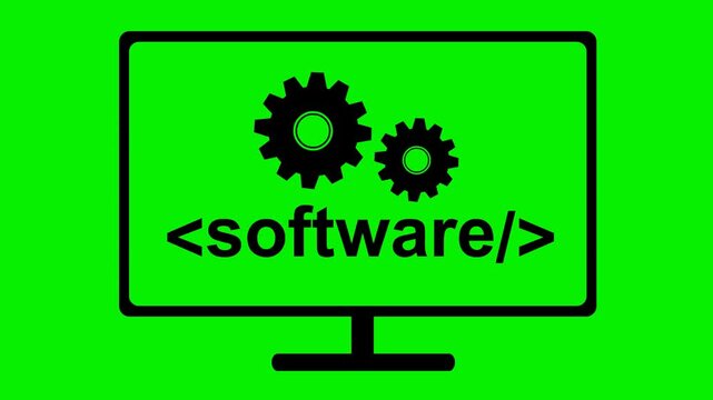 video animation black icon concept system software working from a computer screen with gears spinning and code script, on a green chroma key background