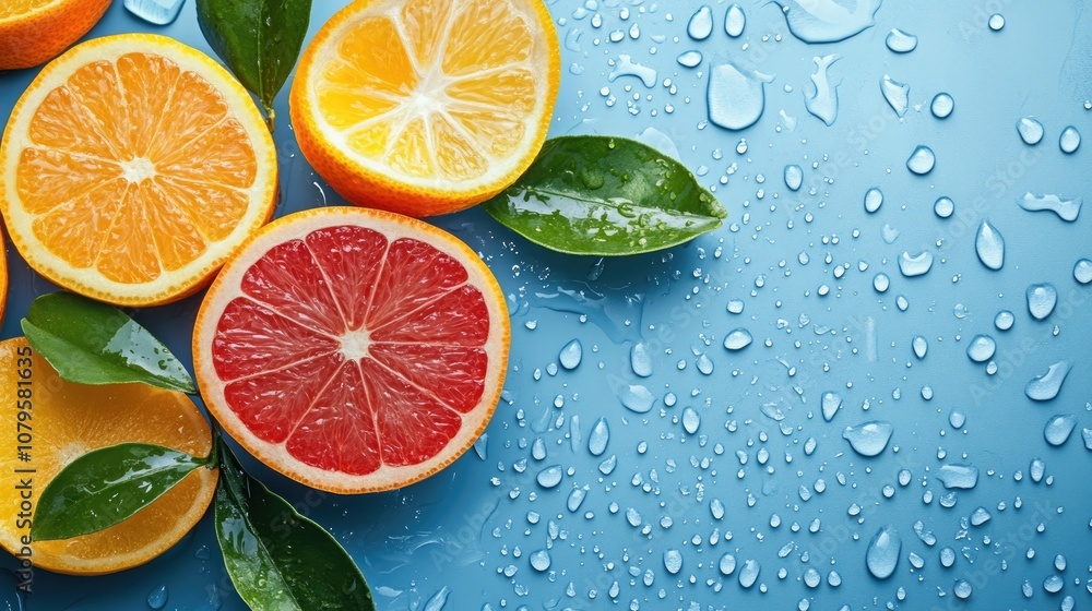 Aufkleber citrus fruits with water droplets against a blue backdrop featuring ample space for text a refreshin