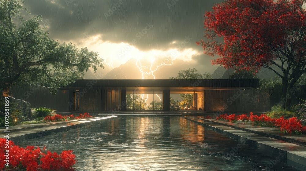 Poster dark clouds and lightning weather forecast 3d rendering