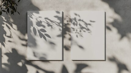 Two blank white vertical poster or card mockups cast soft tree leaf shadows against a light grey concrete wall background Flat lay perspective