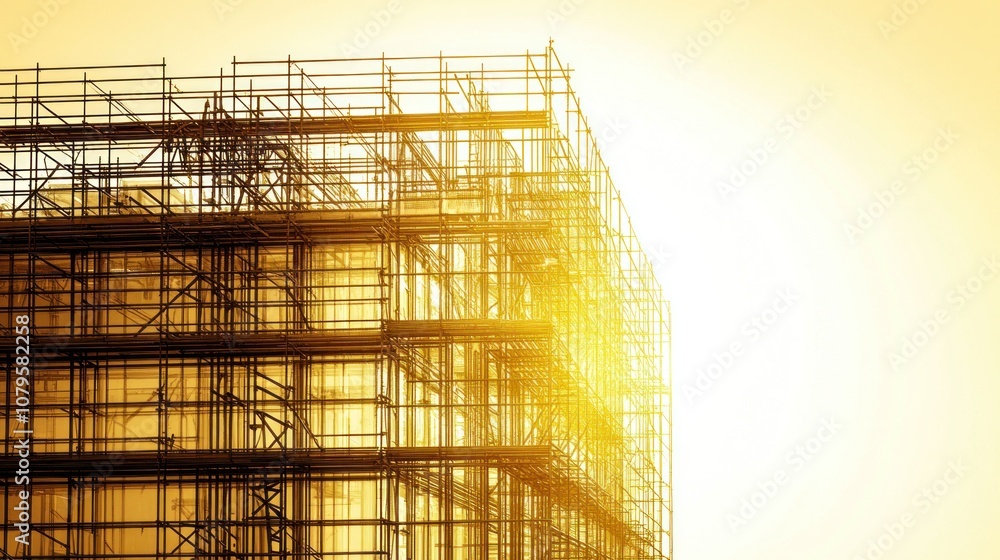Poster scaffolding structure illuminated by sunlight during construction.