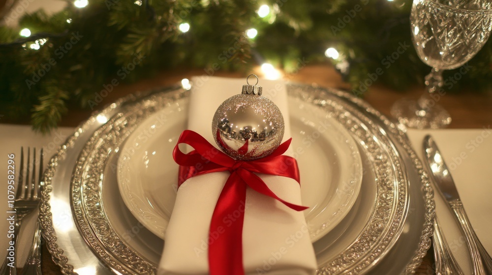 Poster a beautifully arranged dining table features a white napkin tied with a red ribbon, topped with a si
