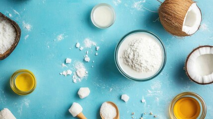 Natural skincare ingredients including baking soda and coconut oil displayed from a top view on a vibrant blue background