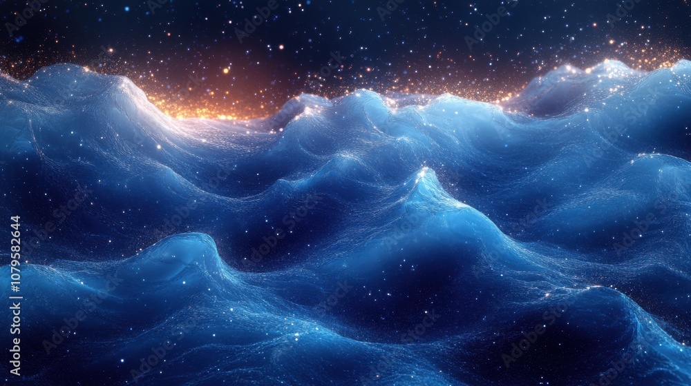 Poster digital blue wave particles background 3d rendering