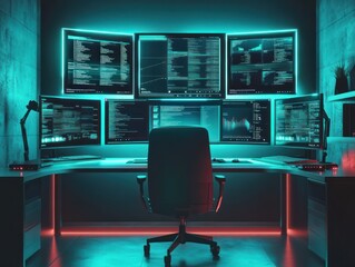 A modern workspace featuring multiple monitors displaying code and data analytics.