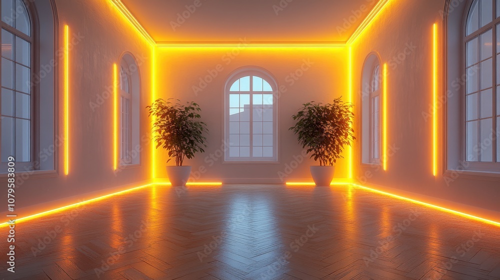 Poster empty bright room with glowing lines 3d rendering