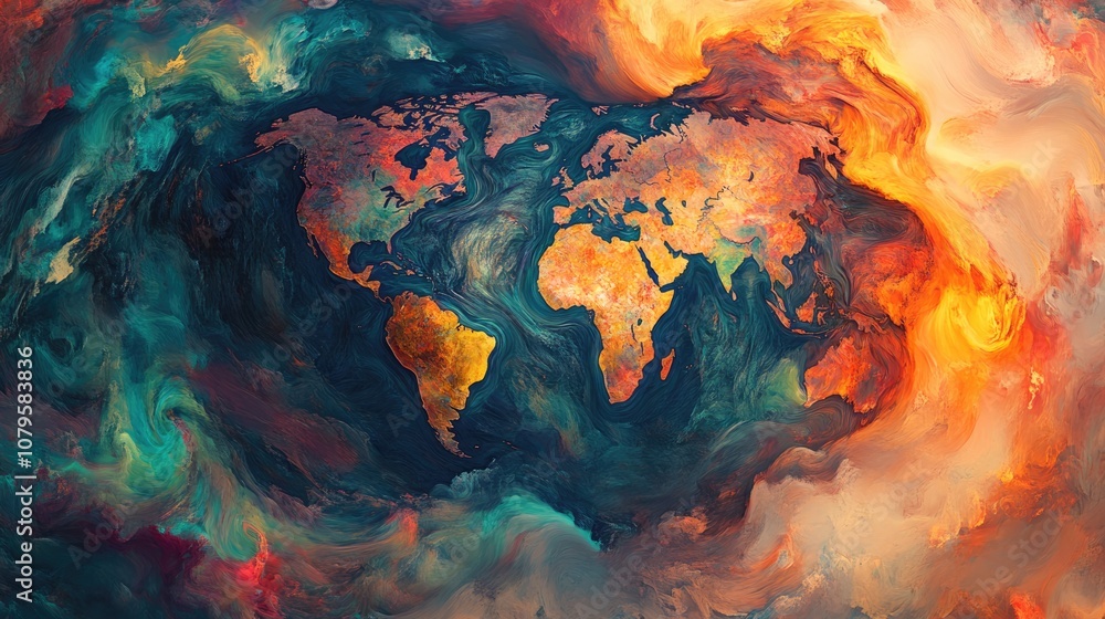 Poster World Map in Abstract Swirls of Color