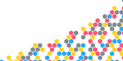 Grainy pattern composed of hexagons colorful. Honeycomb background. Isometric geometry abstraction. Aspect Ratio 2:1