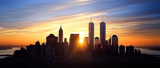Obraz premium Captivating aerial view of the majestic skyline of New York City at the golden hour of sunrise showcasing the iconic skyscrapers and buildings that define the vibrant financial district