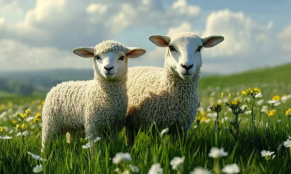Two lambs standing in wildflower meadow with ai generated.
