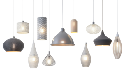 Set of different decor styles of modern lighting lamp decoration on white transparent background
