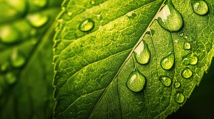Fototapeta premium Water droplets on a green leaf close up view