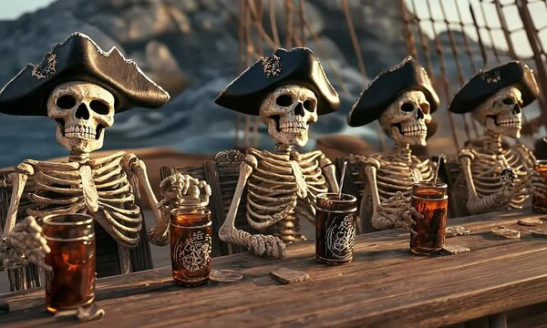 Skeleton pirate crew drinking on ship deck with ai generated.
