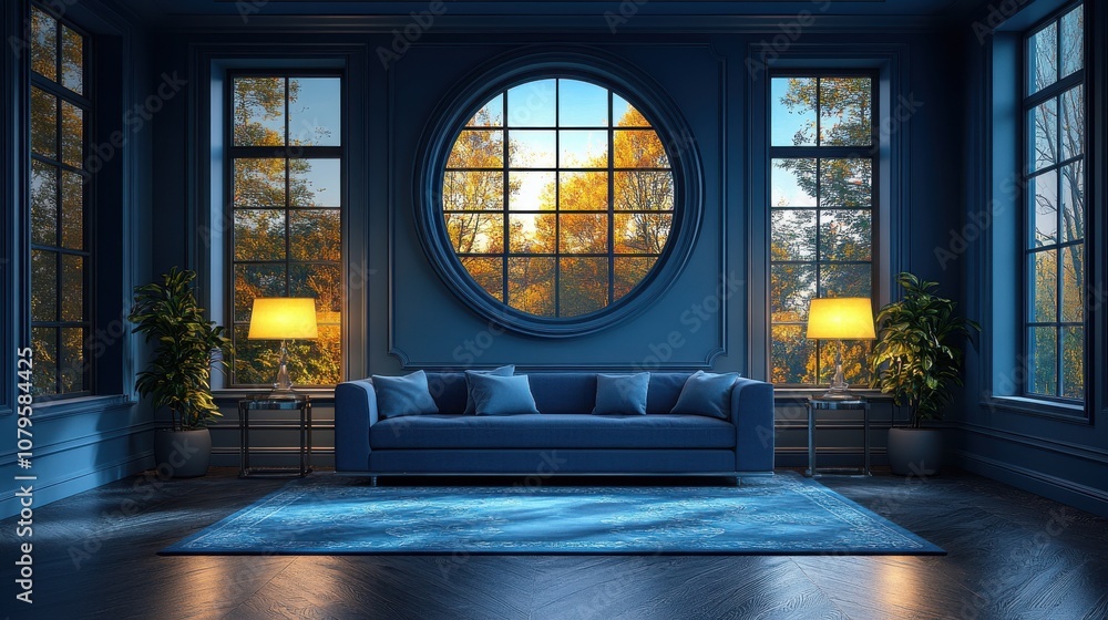 Poster empty room with round window at night 3d rendering