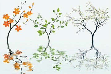 Three artistic trees with reflections in water, showcasing vibrant blossoms and lush green leaves, symbolizing nature's beauty.