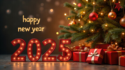 Happy new year 2025 with Christmas tree and gifts