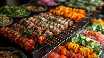 Obraz premium Vibrant Outdoor Barbecue Feast Featuring Delicious Grilled Meat and Colorful Vegetable Skewers, Perfect for Summer Gatherings and Delicious Dining Experiences