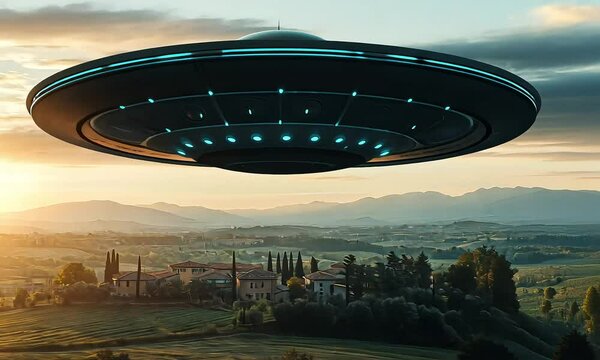 UFO Hovering Above Countryside at Sunset with ai generated.
