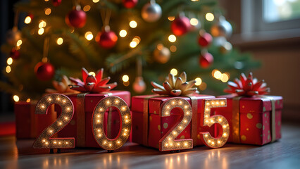 A festive arrangement of gift boxes with glowing lights shaped as '2025' in front of a Christmas tree.