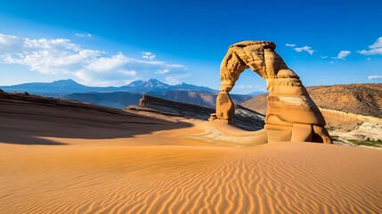 Towering sand dune flowing gracefully over the base of a vast arid landscape