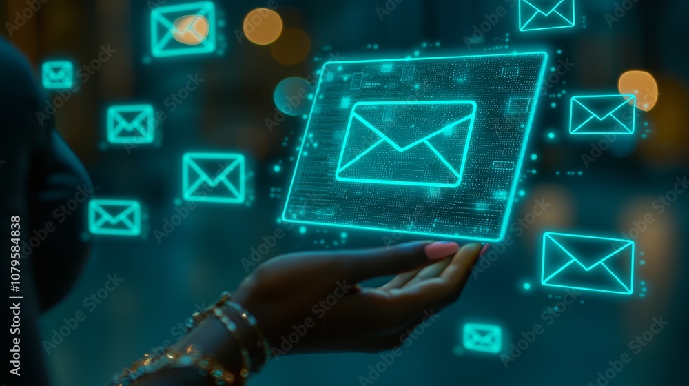 Poster a person holds a holographic display showing floating email icons, symbolizing digital communication