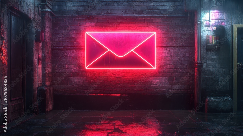 Poster envelope with dark neon light effect 3d rendering