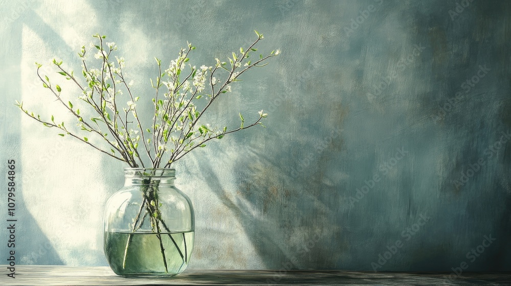 Poster spring still life featuring ruscus branches displayed in a jar of water capturing the essence of mor