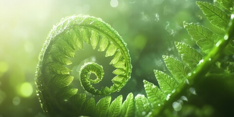 A macro shot of a fern frond unfurling, symbolizing the cycle of life and growth, with soft bokeh in the background,space for text