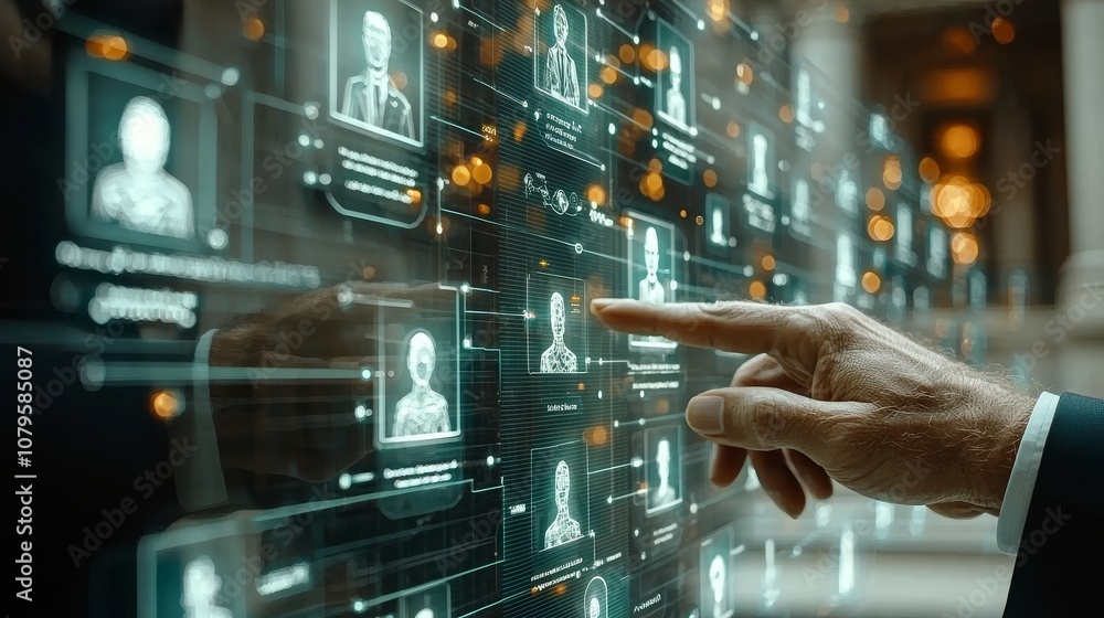 Poster a hand pointing at digital profiles on a holographic interface, showcasing advanced technology and d