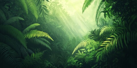 A fern filled tropical jungle with thick greenery, offering a sense of adventure and exploration,space for text