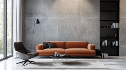 Contemporary loft living room featuring a concrete wall sand brown sofa sleek armchair minimalist black coffee table and personal items along with books