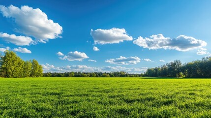 Obraz premium Lush green grass field under a blue sky adorned with fluffy clouds on the horizon
