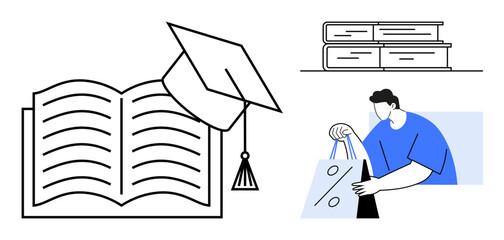 Open book with graduation cap, man in blue shirt holding discount bag, and three stacked books. Ideal for education, e-commerce, back-to-school, graduation, learning resources, academic achievements