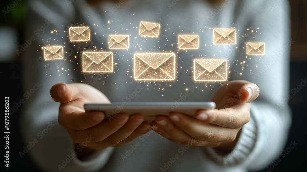 Poster a person holds a smartphone displaying floating, glowing email icons, symbolizing digital communicat