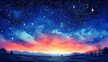 Fototapeta premium A breathtaking night sky filled with vibrant stars and clouds, illuminated by a beautiful gradient of orange and blue hues above a silhouetted landscape.