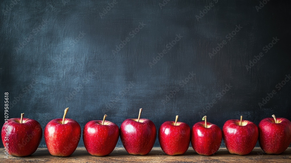 Aufkleber red apples on a chalkboard background featuring a wooden surface with empty space for text ideal for