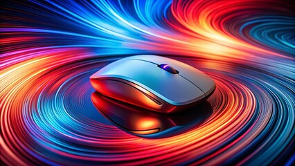 A sleek wireless computer mouse sits on a surface of swirling, vibrant streaks of digital energy, illuminated by a futuristic glow.