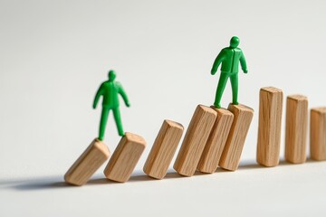 Two green figurines stand on top of wooden blocks, with some falling down.