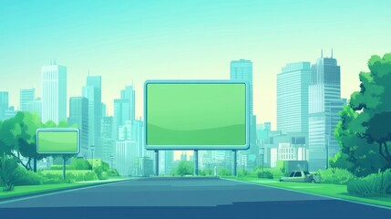 Obraz premium A serene urban landscape featuring billboards and skyscrapers under a clear blue sky.