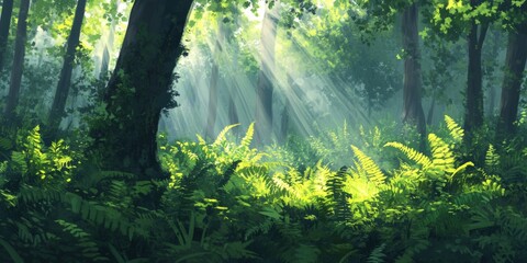 Obraz premium A vibrant forest scene with tall ferns growing in the underbrush, sunlight filtering through the trees, evoking a peaceful, serene atmosphere,space for text