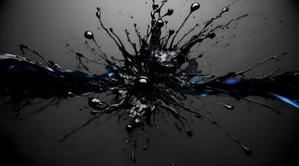 Dynamic black liquid splash exploding outwards from a central point, creating intricate tendrils and droplets against a dark gray background with subtle blue light accents.
