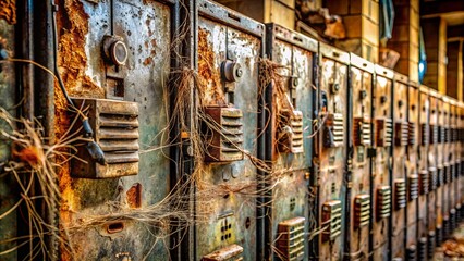 A row of weathered metal panels, adorned with rusty accents and faded paint, stand silently, their secrets hidden behind layers of time and neglect.