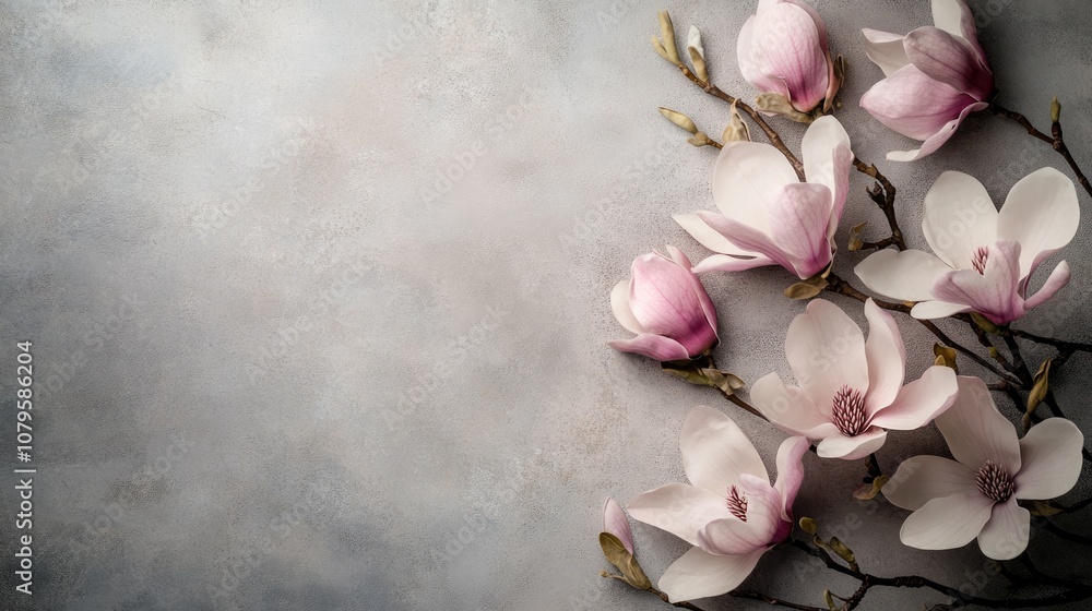 Poster cluster of pink magnolia flowers on a gray backdrop with ample space for text