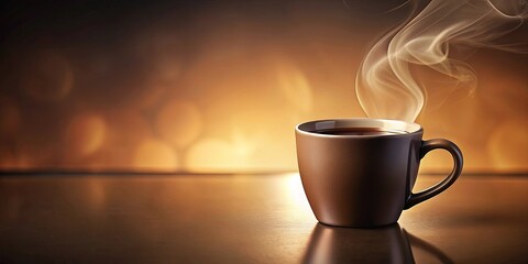 Warmth and Aromatic Steam Rising From a Dark Ceramic Mug On a Reflective Surface Against a Blurred Background of Golden Hues