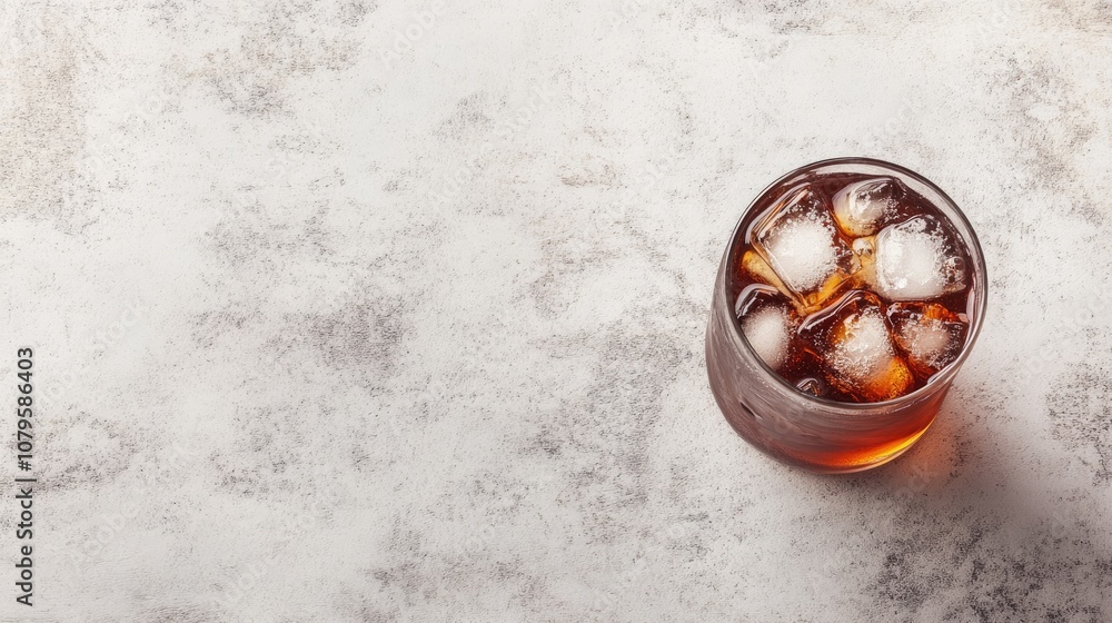 Poster aerial perspective of a glass filled with cola and ice cubes on a white stone surface featuring ampl