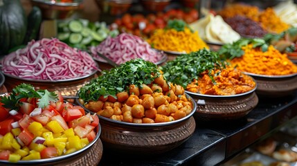 Obraz premium Vibrant Array of Fresh Mediterranean Salads and Spices in Copper Bowls Perfect for Healthy Eating and Culinary Presentations