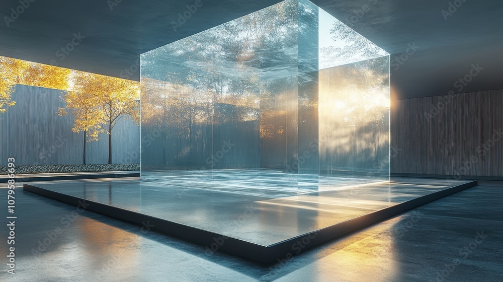 Poster glass cube with light and shadow background 3d rendering